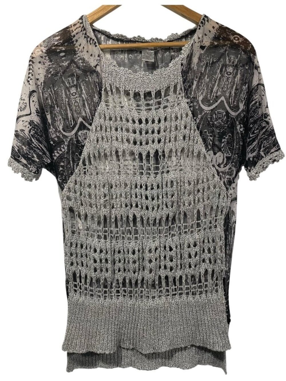 Alberto Makali Y2K Open Knit Crochet Front Sheer Blouse Sz S Whimsigoth Grunge